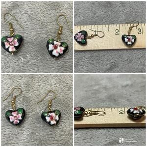 Cloisonne Enamel Heart Flower Gold Tone Earrings !!